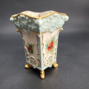 Royal Crown China Vase Square Floral Signed Green Cream Gold Trimmed Cr603